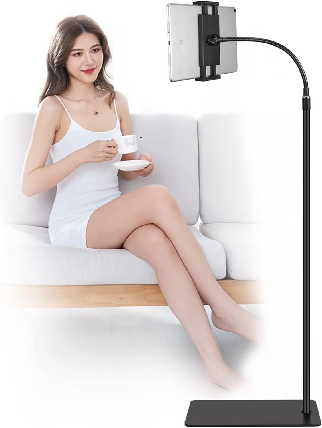 Soporte de piso para teléfono con tableta y cuello de cisne ajustable en altura