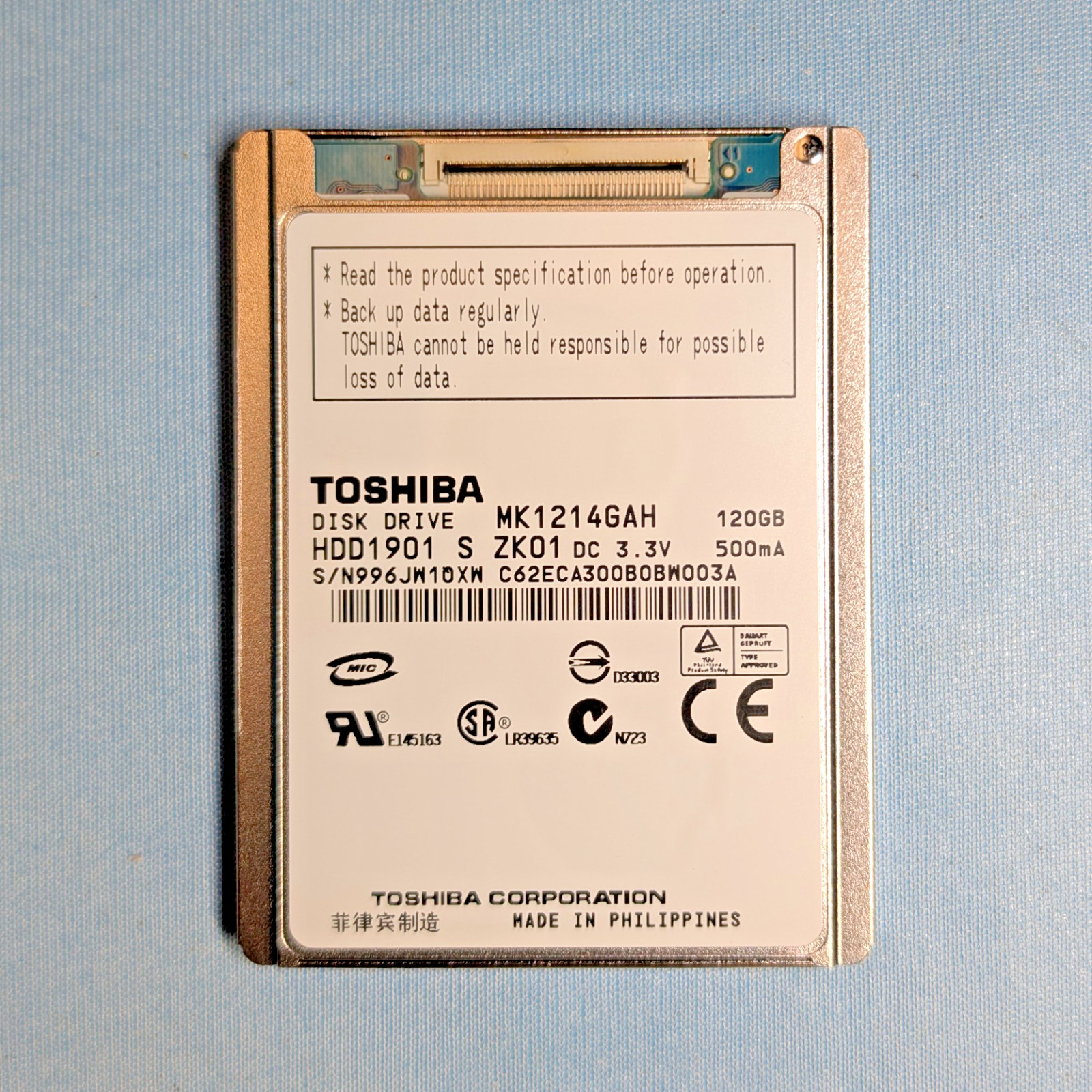 Toshiba 120GB MK1214GAH 1.8" ZIF hard drive for notebook/ IPOD/ Video camera.