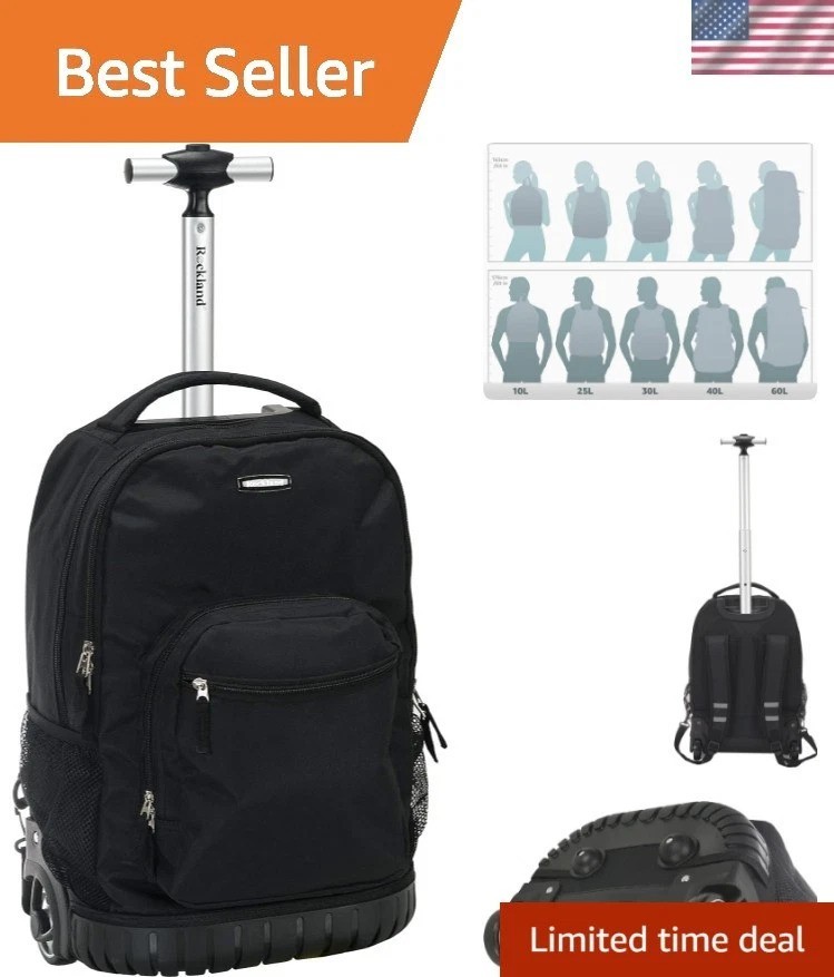 Elegant Black Rolling Backpack with Laptop Compartment - 20L Capacity, 19” Size