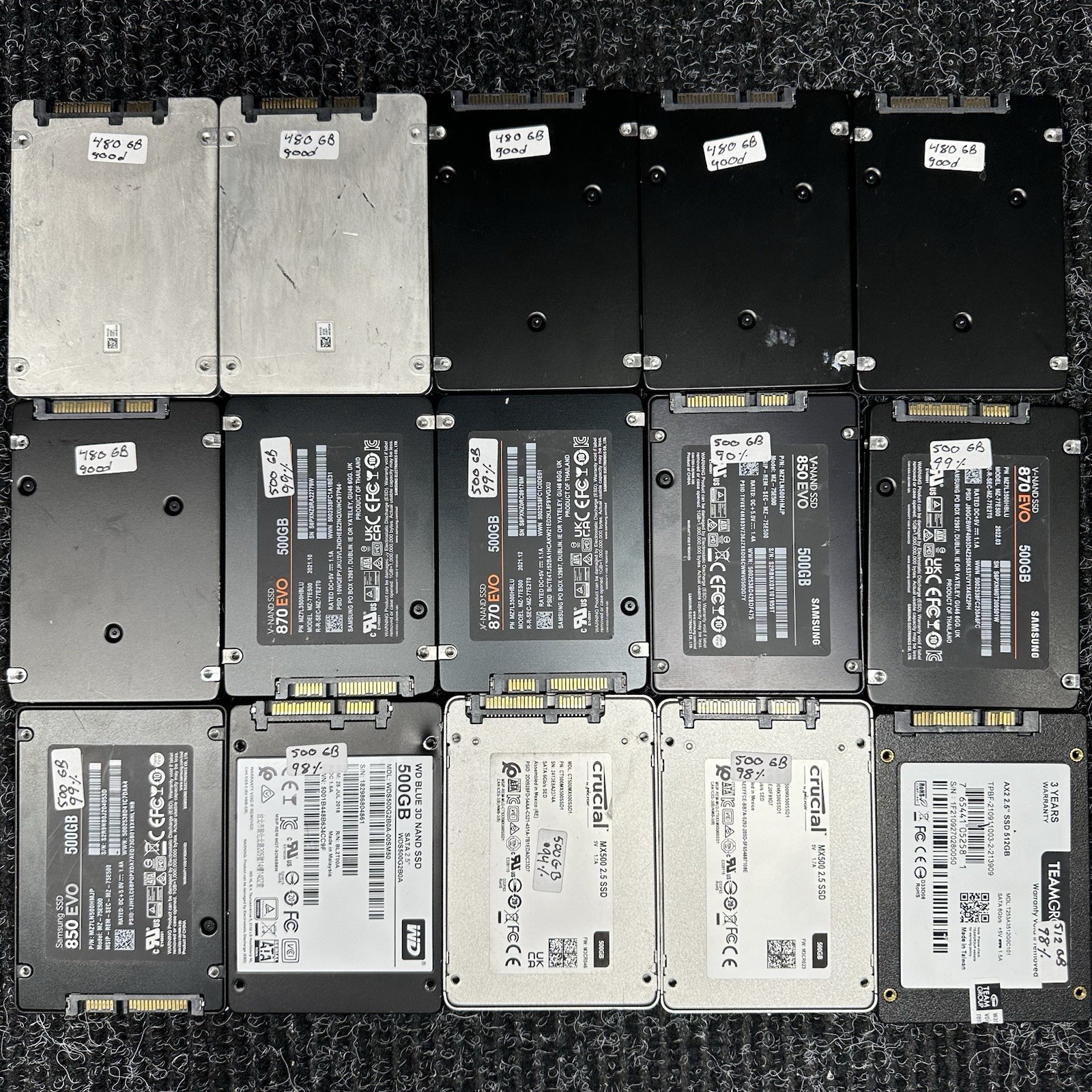 LOT OF 15 480GB/500GB/512GB SSD SATA 2.5” Inch 90%+ Good Health TESTED *READ*