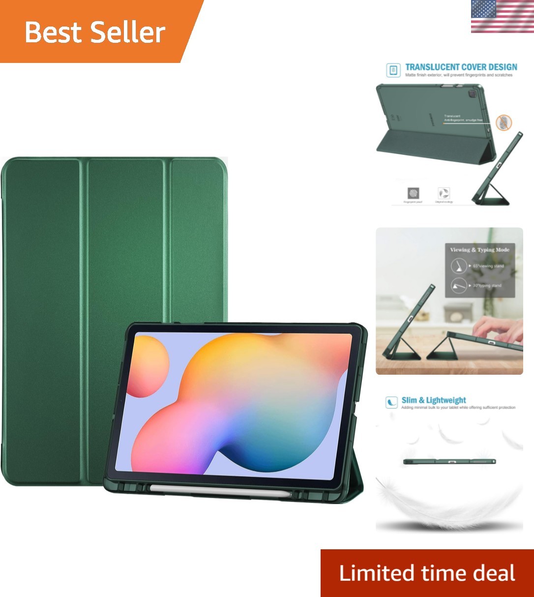Slim Fit TPU Trifold Stand Case for Galaxy Tab S6 Lite 10.4 - Green Elegance