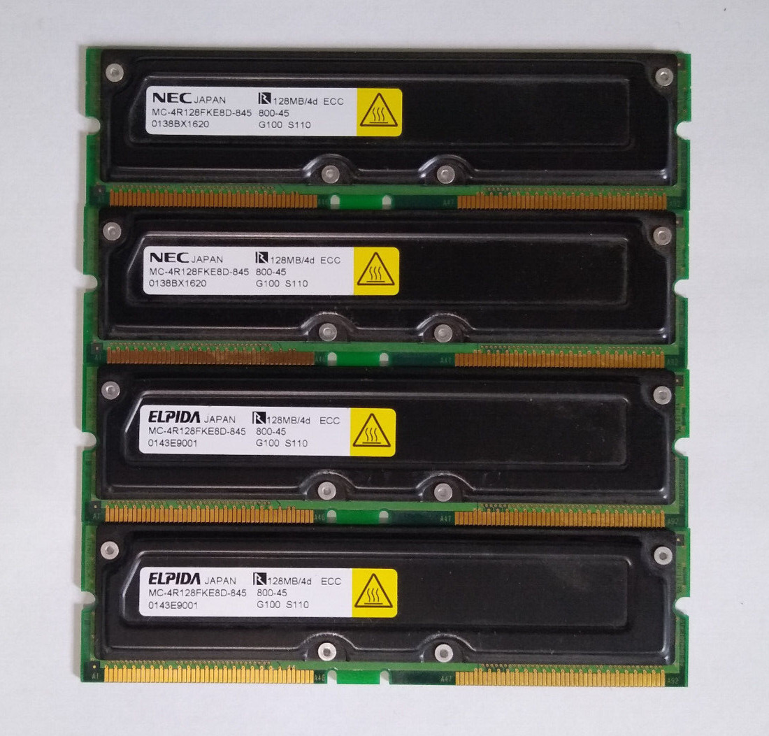 4 X 128MB  ECC  PC800 Rambus RDRAM 800-45 NEC MC-4R128FKE8D-845 Memory Kit