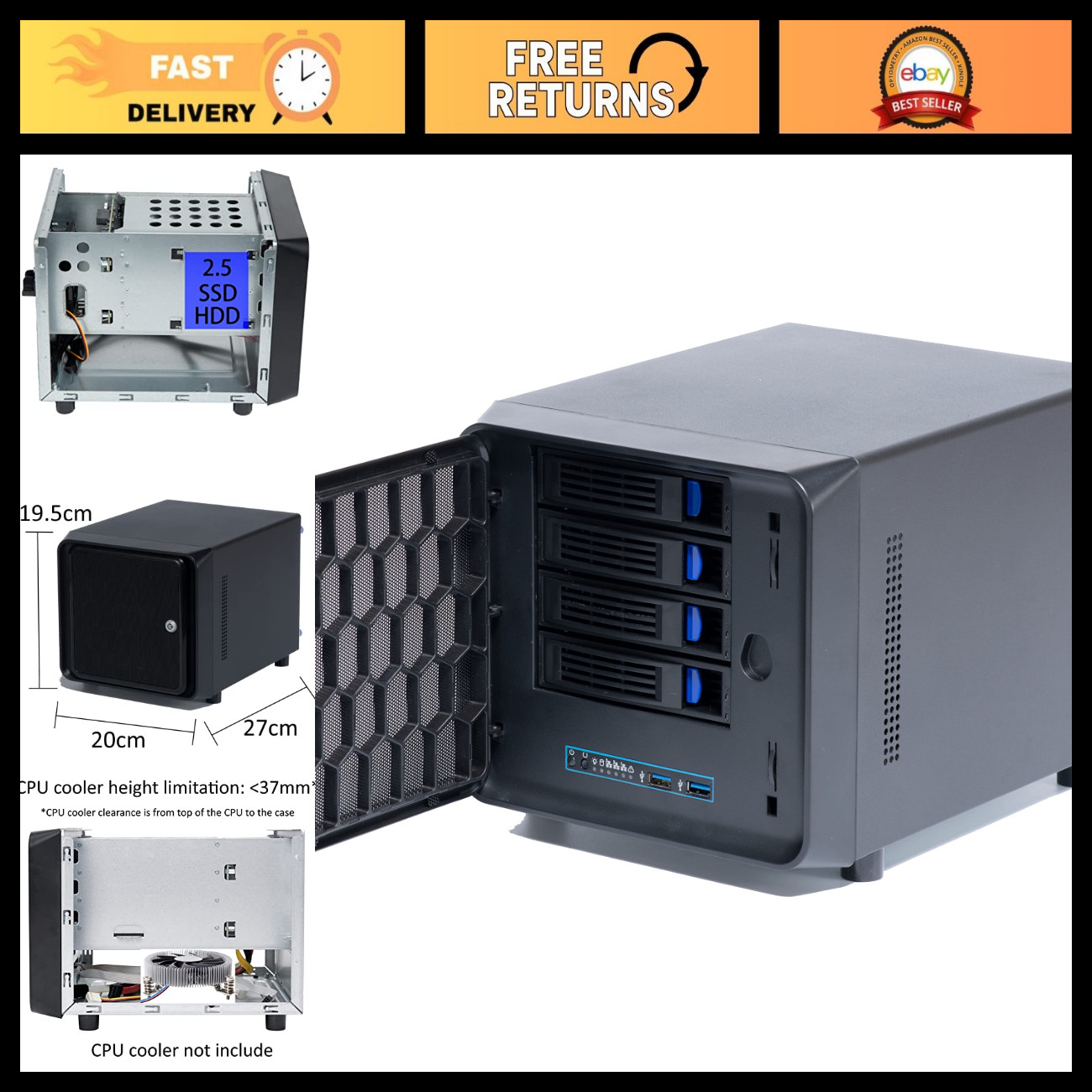 DIY NAS Case 4+1 Bay, 4x2.5"/3.5" Trays, 2.5" Internal Bay, USB 3.0, Hot Swap, I