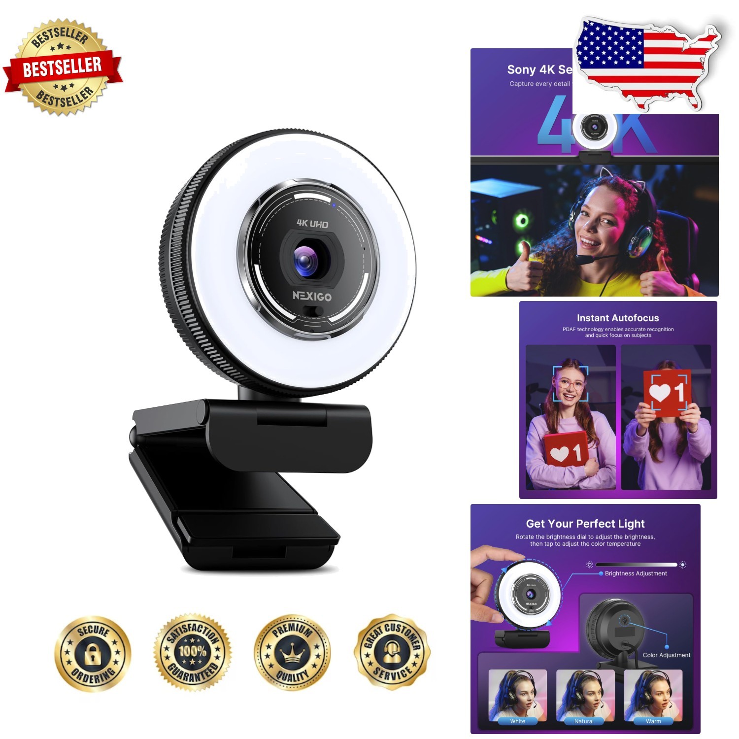 Pro 4K Webcam N680E, Auto Focus, Built-in Ring Light, Noise Canceling Mics, USB