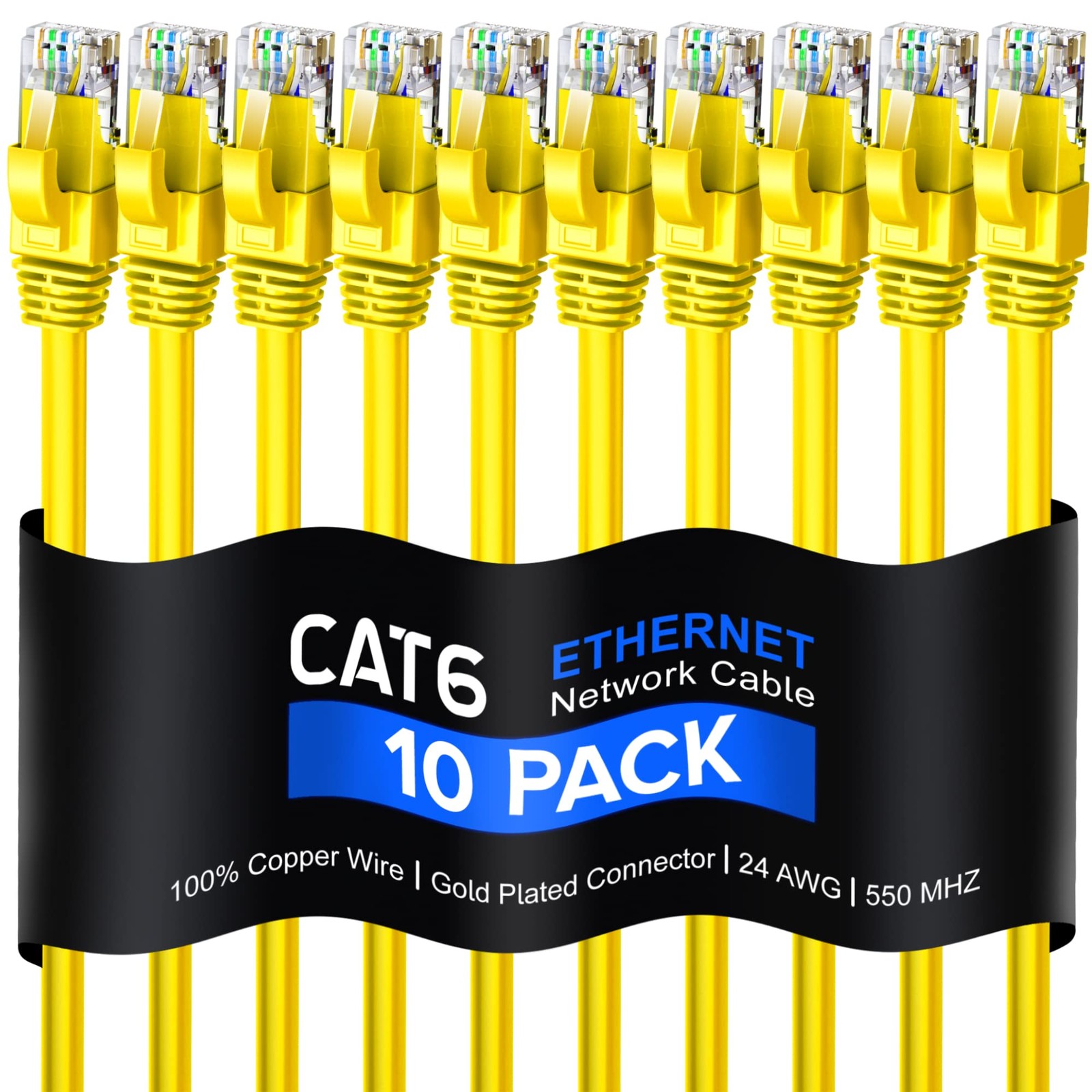 10 PCS 10FT Cat 6 Ethernet Cable Yellow Round LAN Patch Cord RJ45 Network Wire
