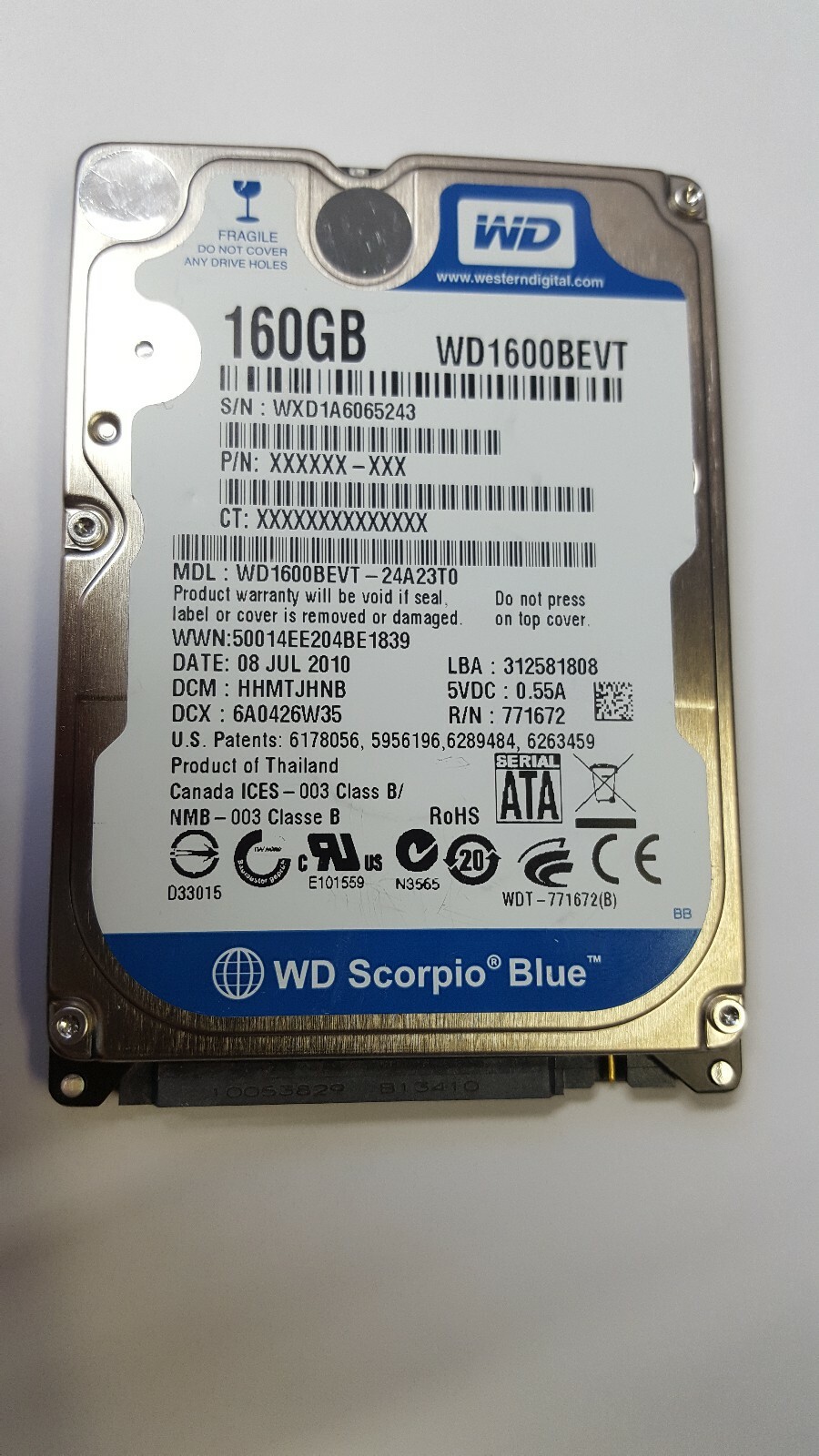 Western Digital WD1600BEVT-24A23T0 160GB BLUE  2.5" SATA Hard Drive 
