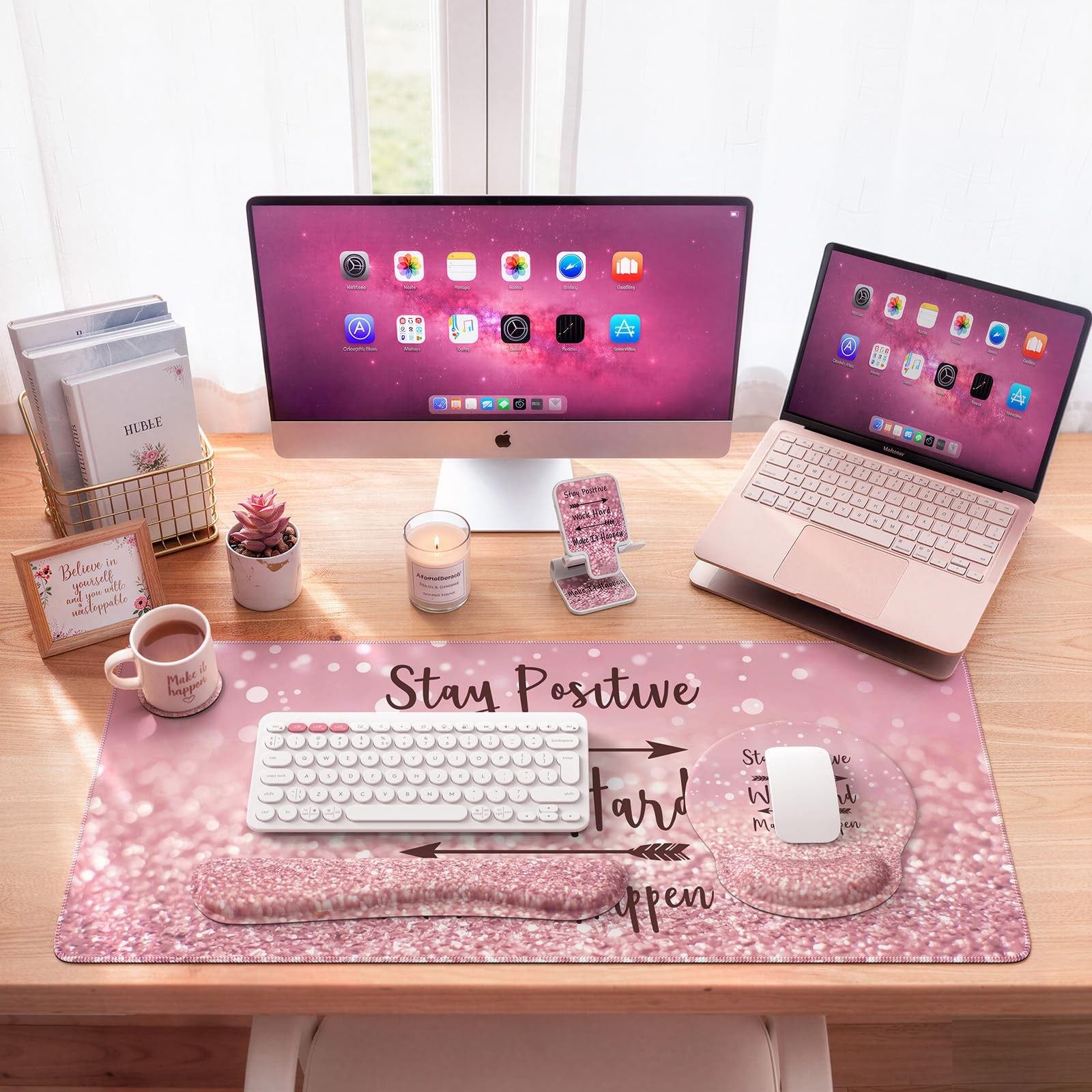 Mouse Pad,Large Pink Desk Mat Set, 4in1 XXL Mousepad + Keyboard Wrist Rest+Mo...
