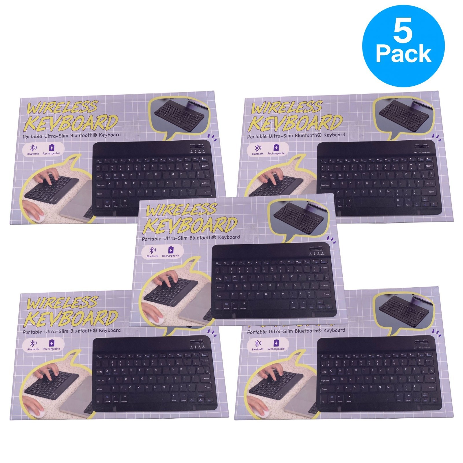 Wireless Bluetooth Keyboard Ultra Slim Rechargeable 5 Pack New