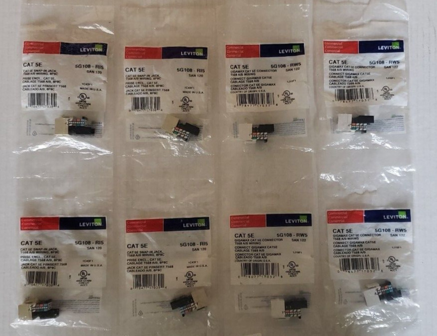 Lot of 8 Leviton 5G108-RW5 / RI5  CAT5E Jacks = White (4) and Ivory (4)