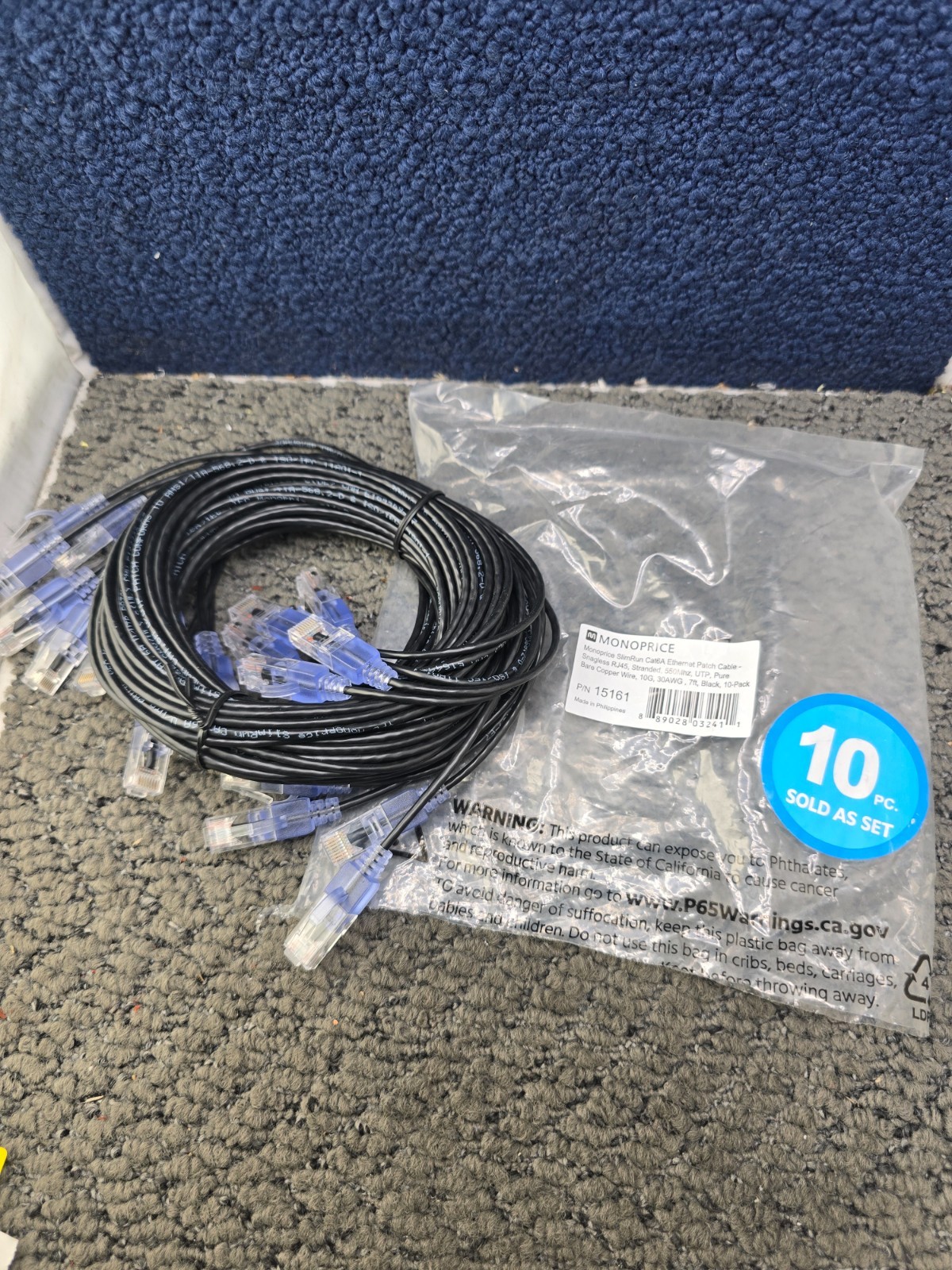 (QTY 10) Monoprice 15161 SlimRun Cat6A 7ft Ethernet Patch Cables Black 10G 30AWG