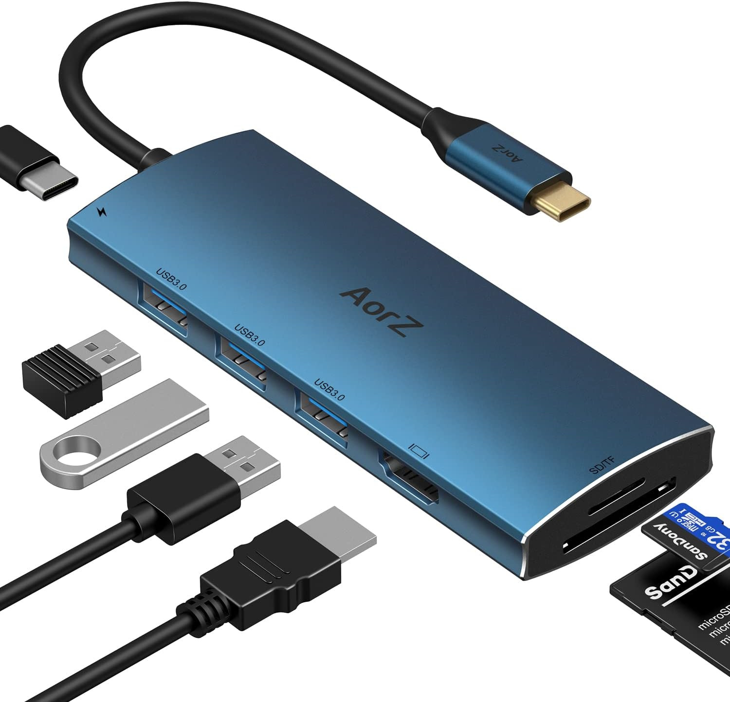 7-in-1 USB C Hub with 4K HDMI, 3 USB 3.0 Ports, SD Reader, 100W PD - Deep Blue