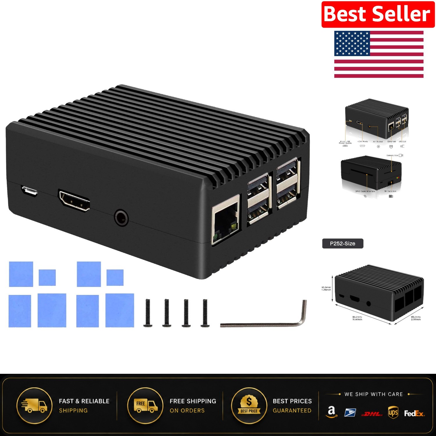 P252 Heavy-Duty Aluminum Case for Raspberry Pi 3B+/3B | Passive Cooling Solution