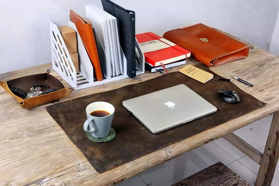 Real leather deskmat pad blotter , black Leather desk desktop table mat