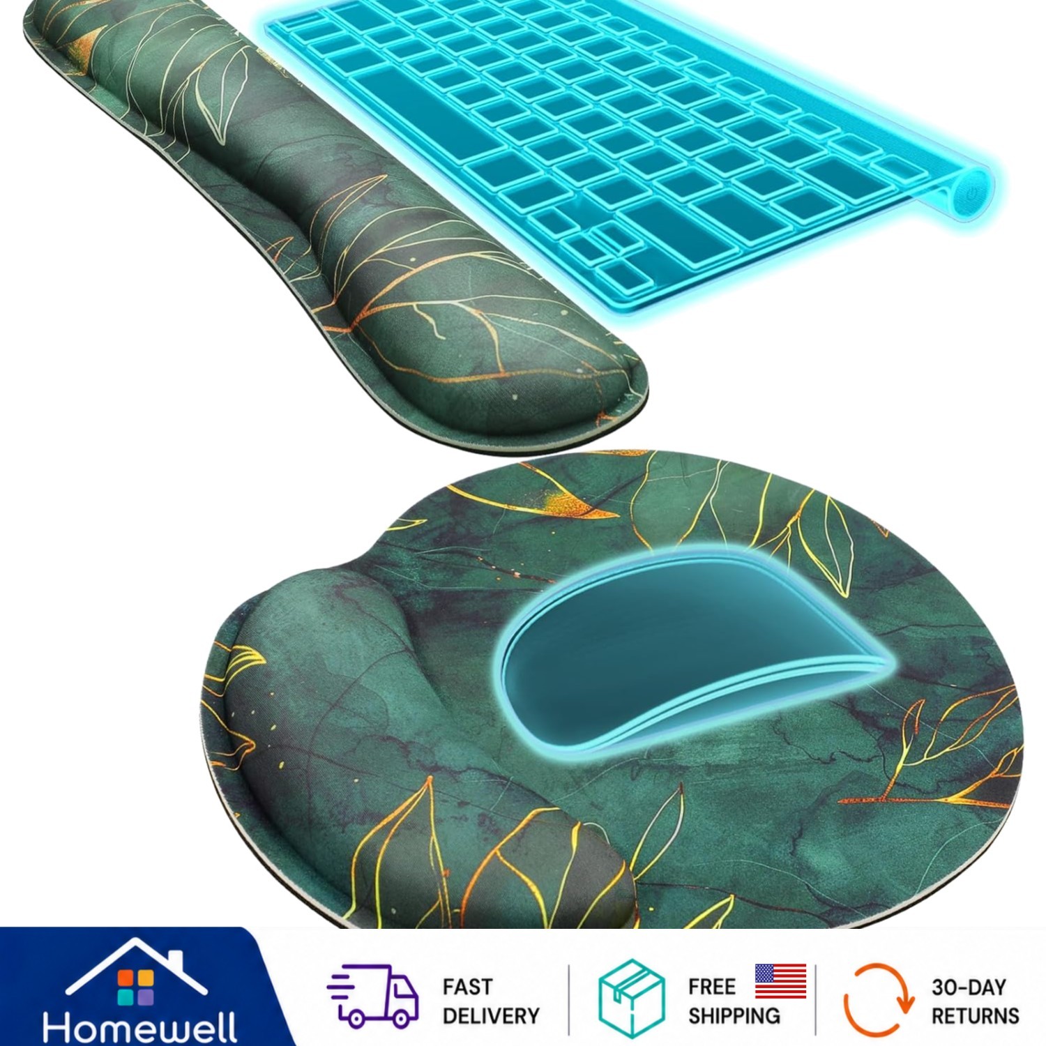 Memory Foam Keyboard Wrist Rest & Mouse Pad with Non-Slip Base - Stylish Leaves