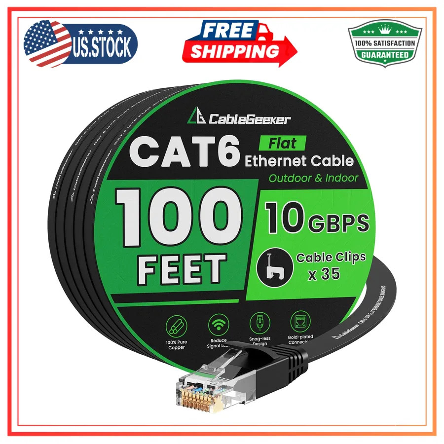 Cat 6 Ethernet Cable 100ft Flat High Speed 10Gbps Network Internet Cord Black