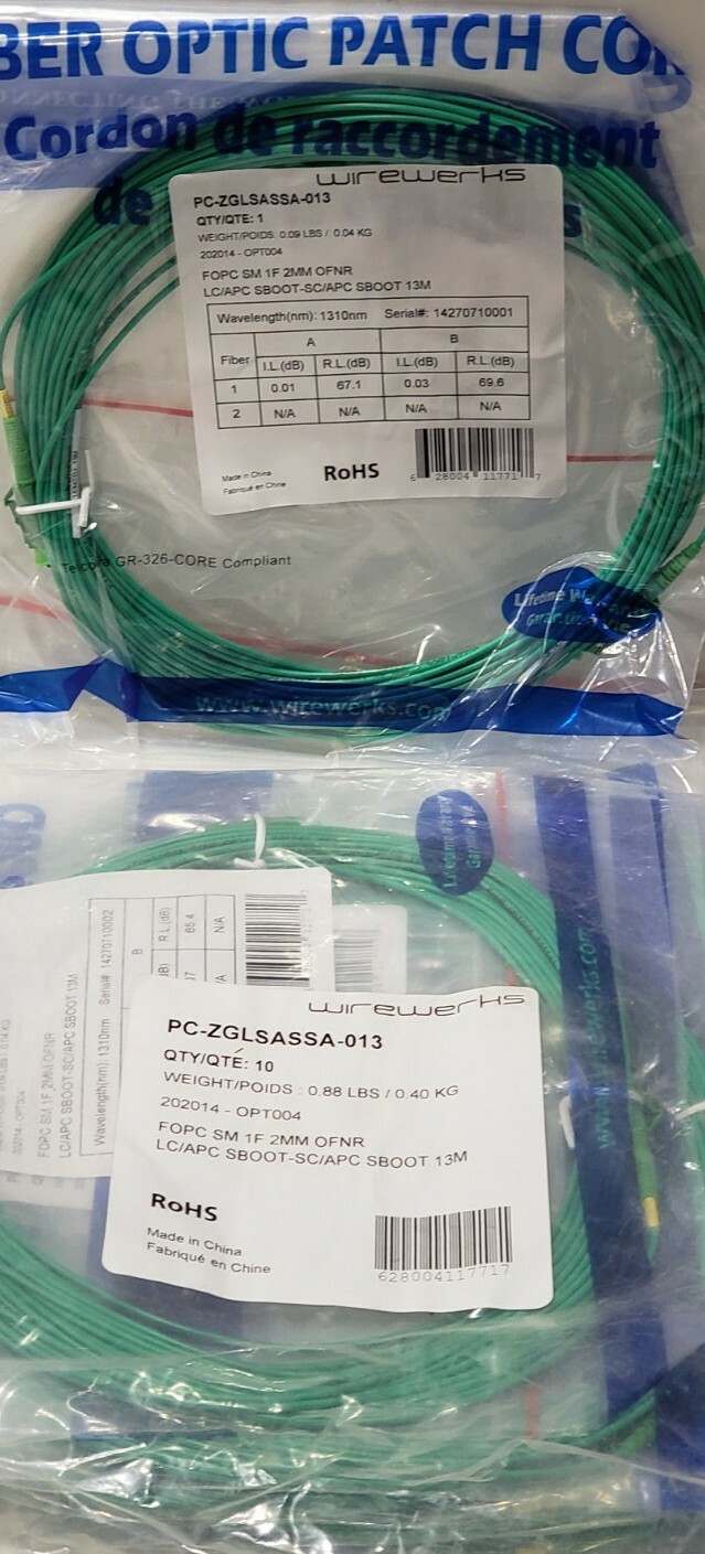 Wirewerks FOPC SM 1F 2mm OFNR Fiber Optic Patch Cable 13M Green QTY 10