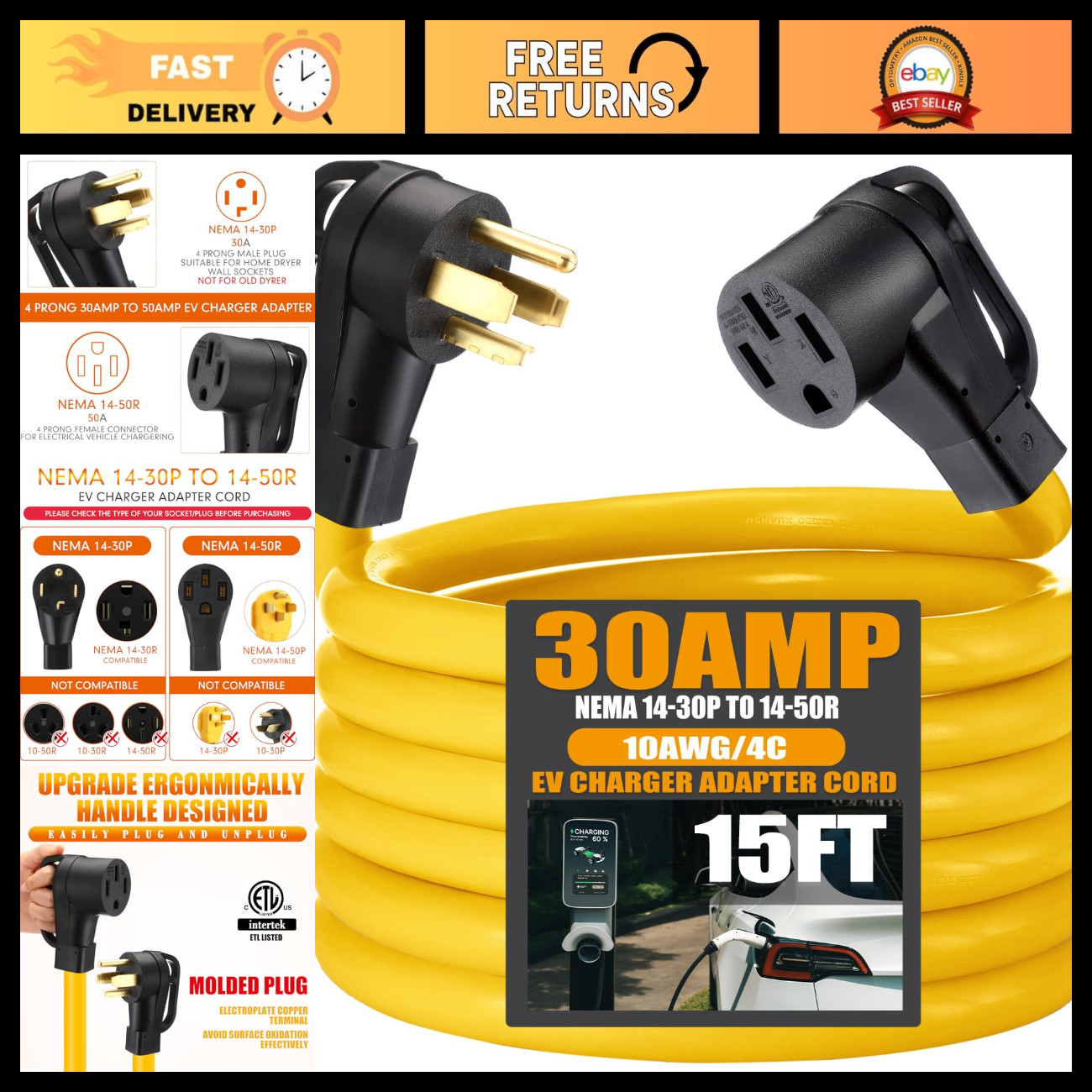 15ft NEMA 14-30P to 14-50R EV Adapter Cord, 30A to 50A Power Plug Converter