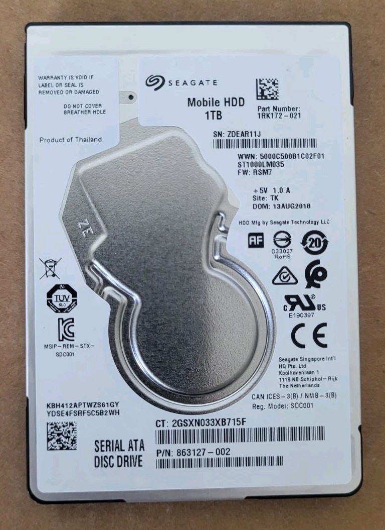 Seagate • Mobil HDD 1TB • PN# 1RK172-021 • Genuine HP Laptop Hard Drive