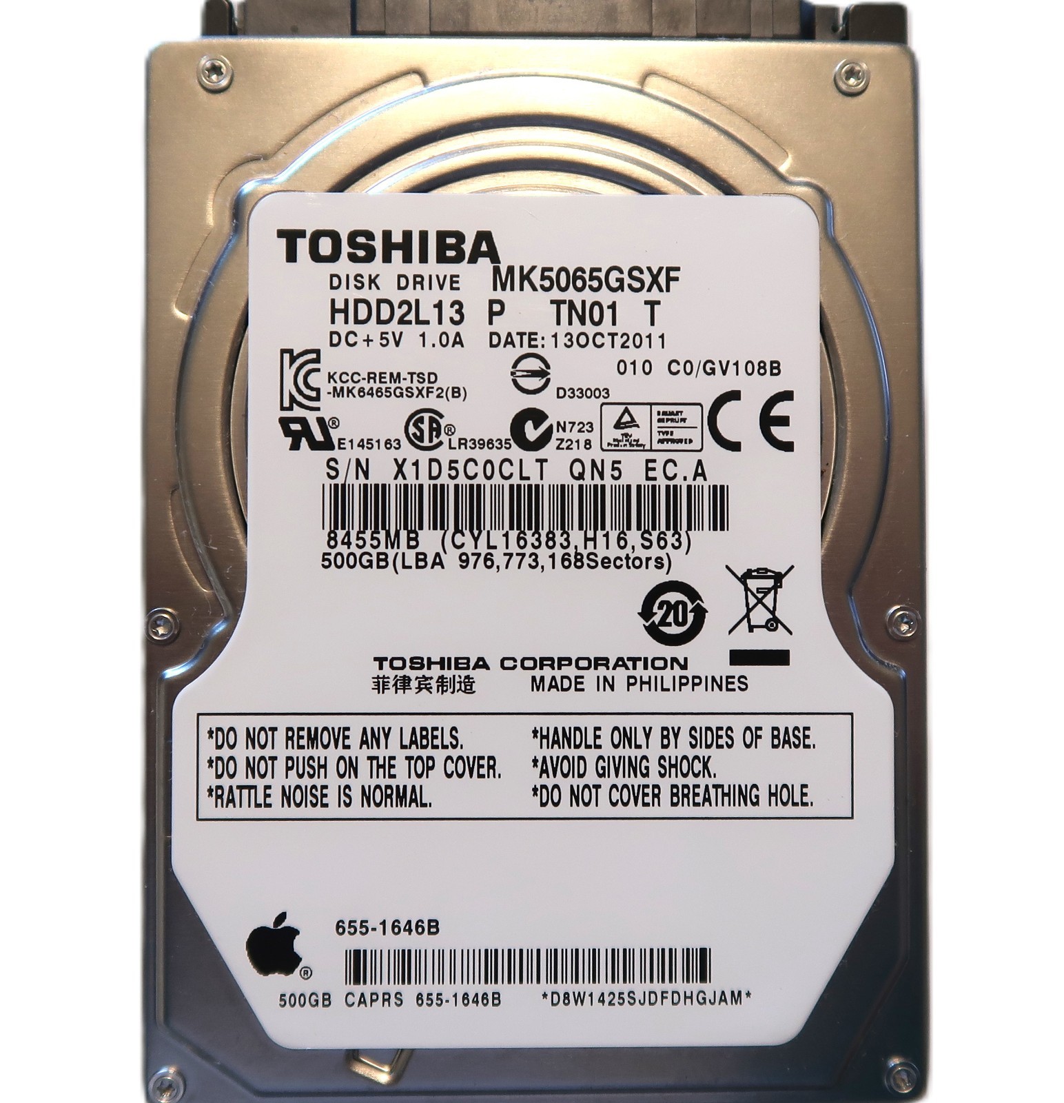 Toshiba MK5065GSXF (HDD2L13 P TN01 T) 010 C0/GV108B 2.5" 500gb HDD OCT/2011