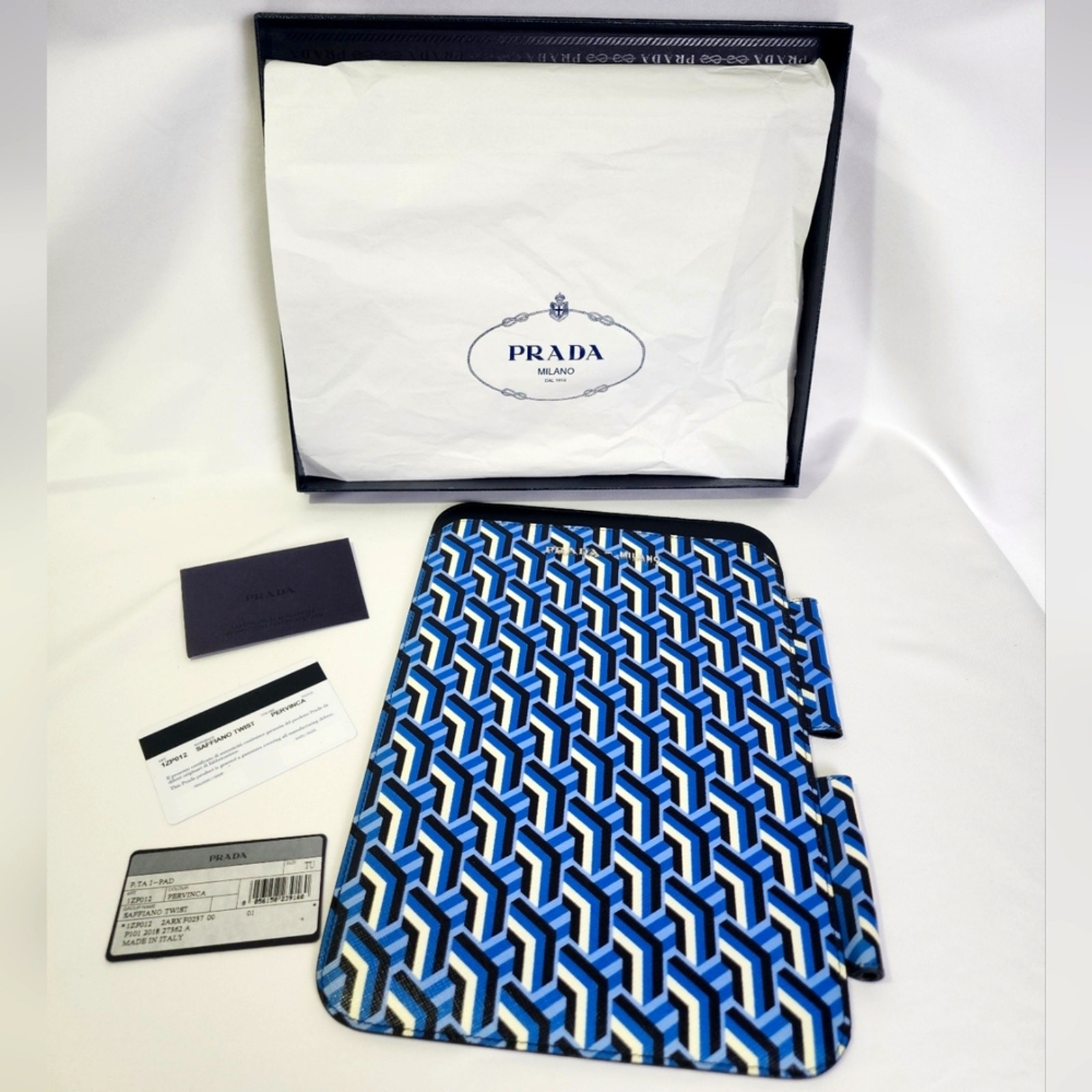 Prada Blue Geometric Saffiano leather iPad tablet Case COA NEW