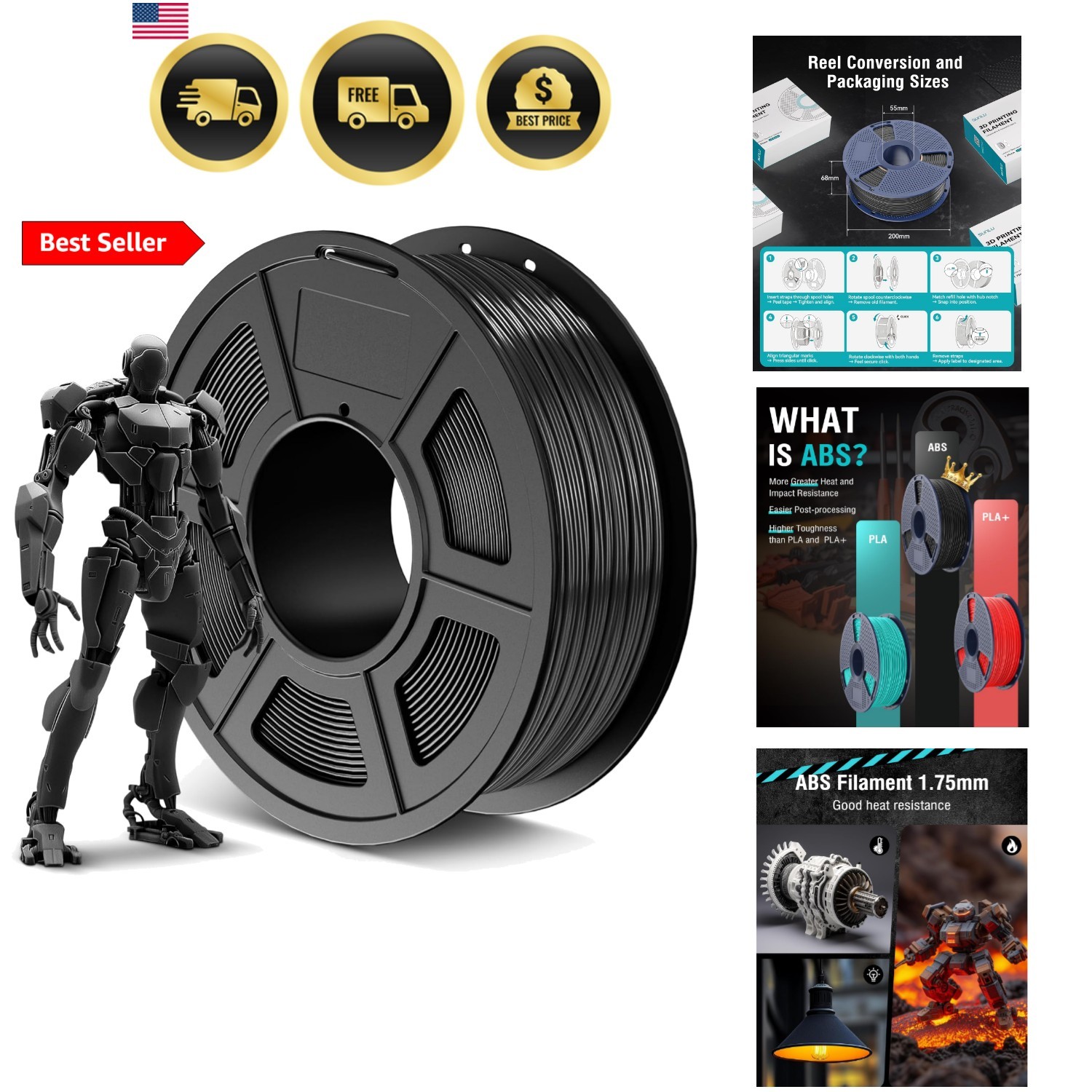 ABS Filament 1.75mm 3D Printer Filament, Highly Resistant Durable, Heat Resis...