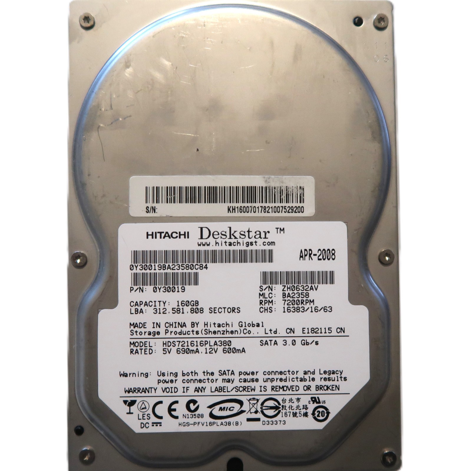 Hitachi HDS721616PLA380 0Y30019 BA2358 (ZH0) China 3.5" 160gb Sata HDD APR-2008