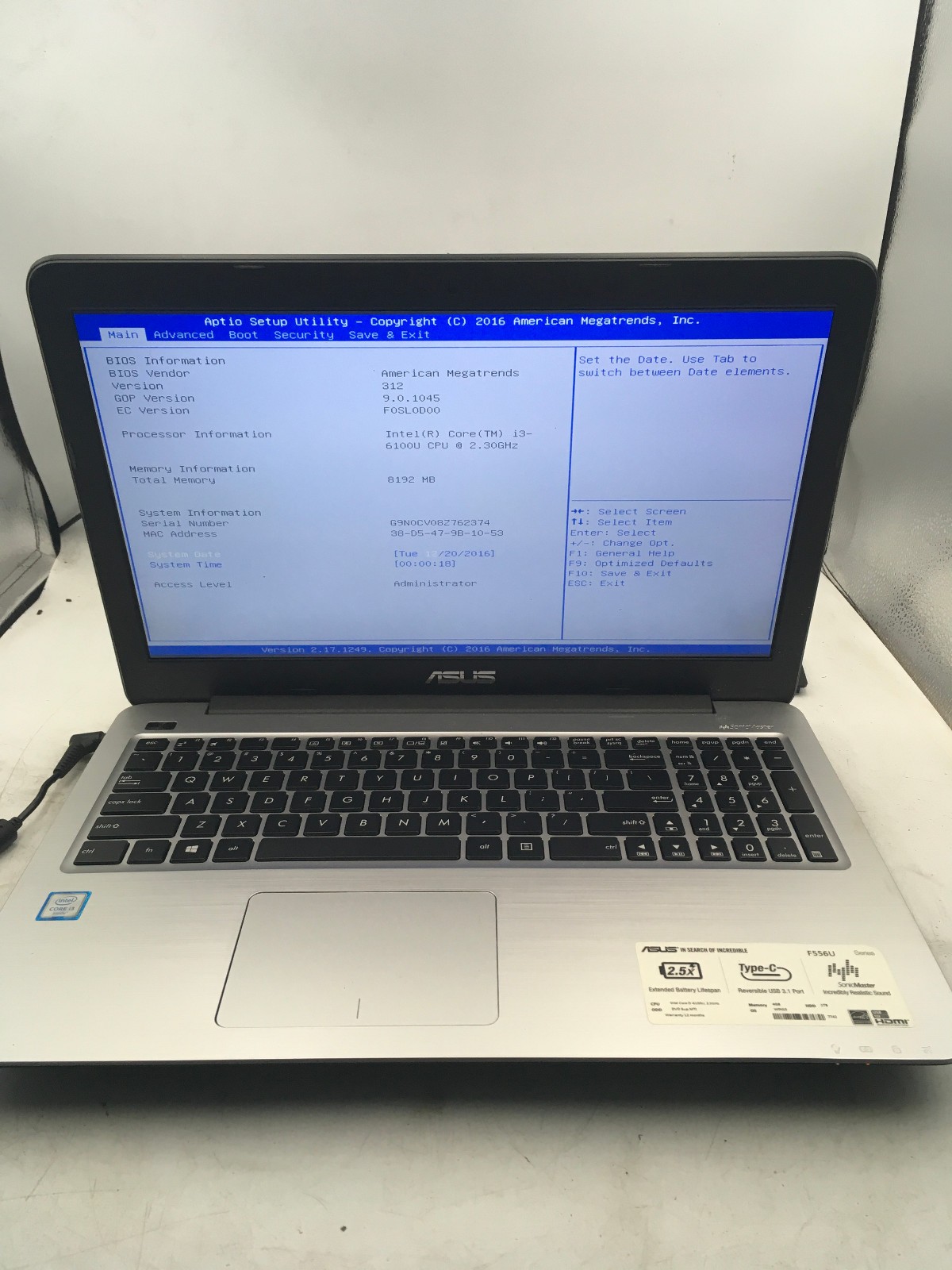 ASUS F556U NOTEBOOK - BOOTS TO BIOS - INTEL I3 6100U - NO RAM - NO OS - READ -BB