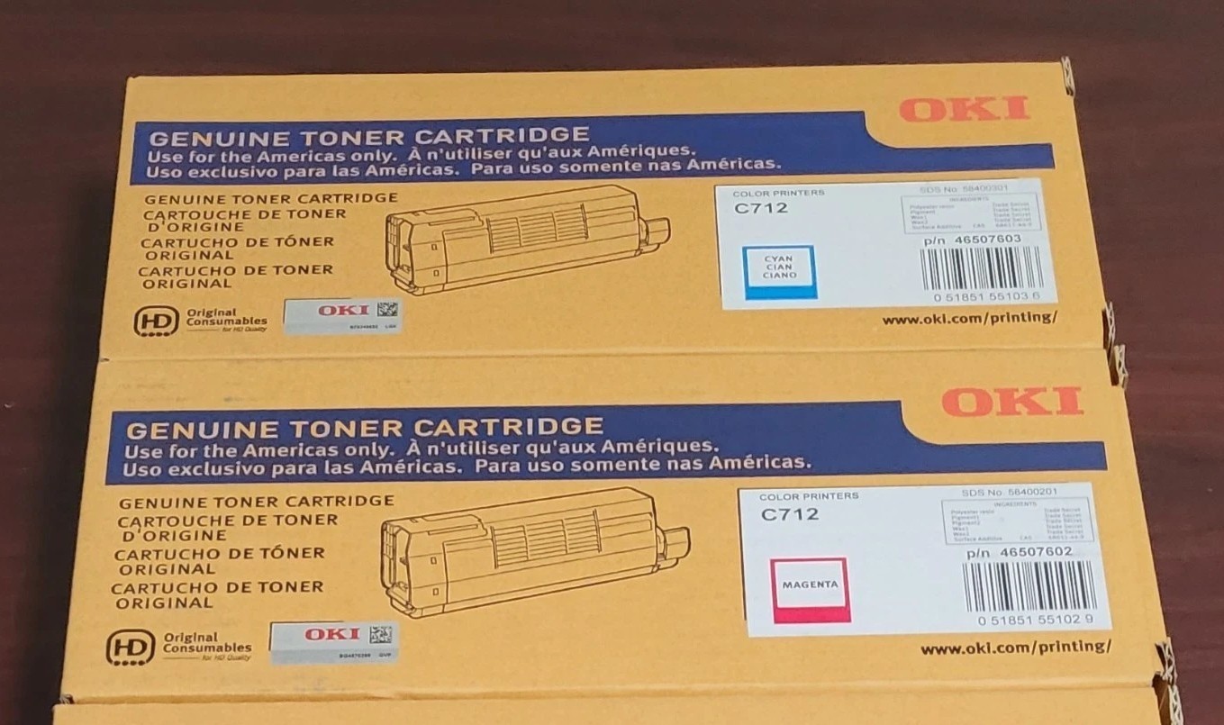 Set of 2 New Sealed Genuine OKI C712 Color Toner Magenta Cyan, 46507602 46507603