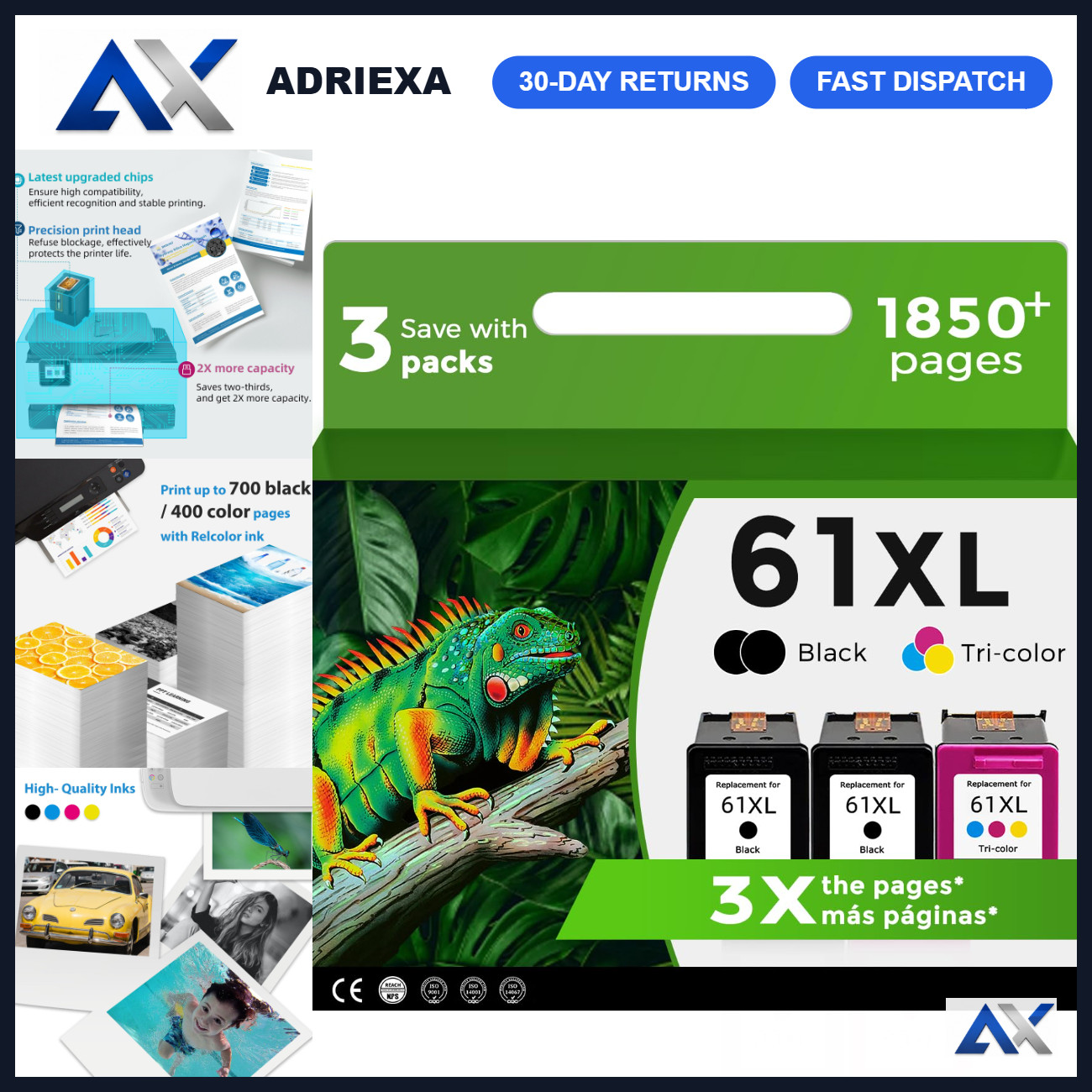 61XL Black & Color Ink Cartridge Combo Pack - Compatible for HP Printers 3PK