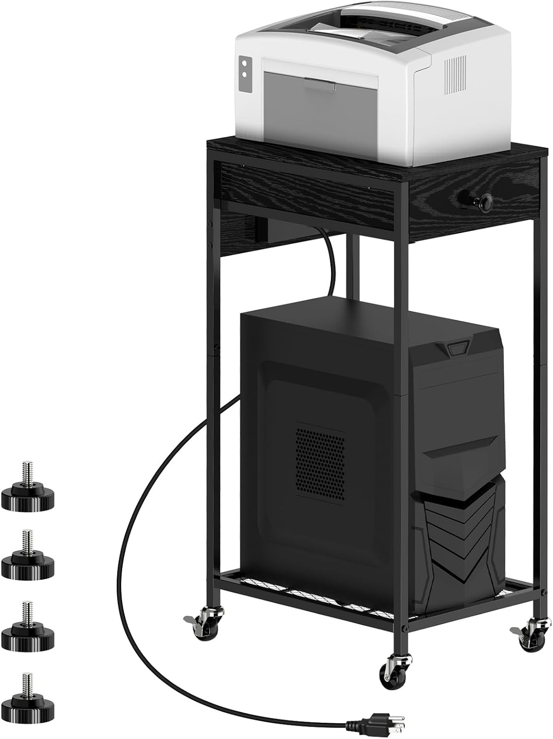 2 Tier Computer Tower Stand CPU Holder Stand Cart w/Charge Station Home Office