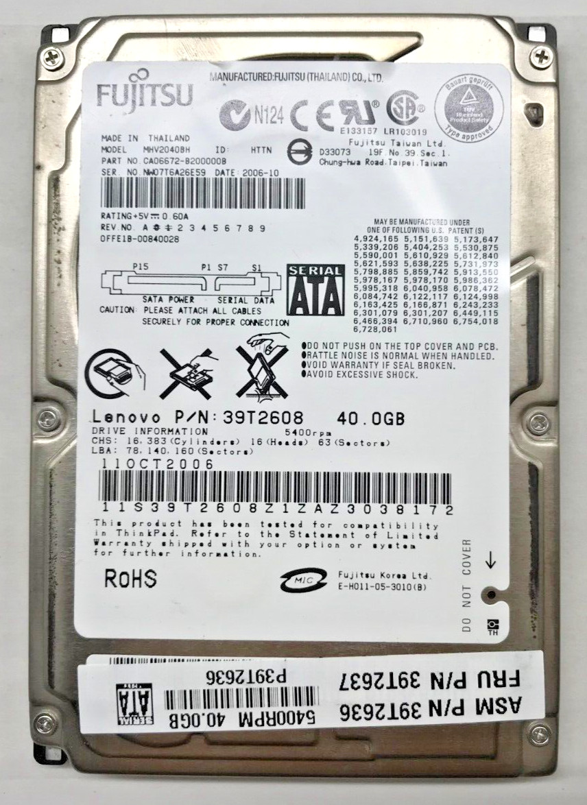 40GB SATA NOTEBOOK HARD DRIVE FUJITSU MHY2040BH P/N:CA06672 2.5" #NFP671