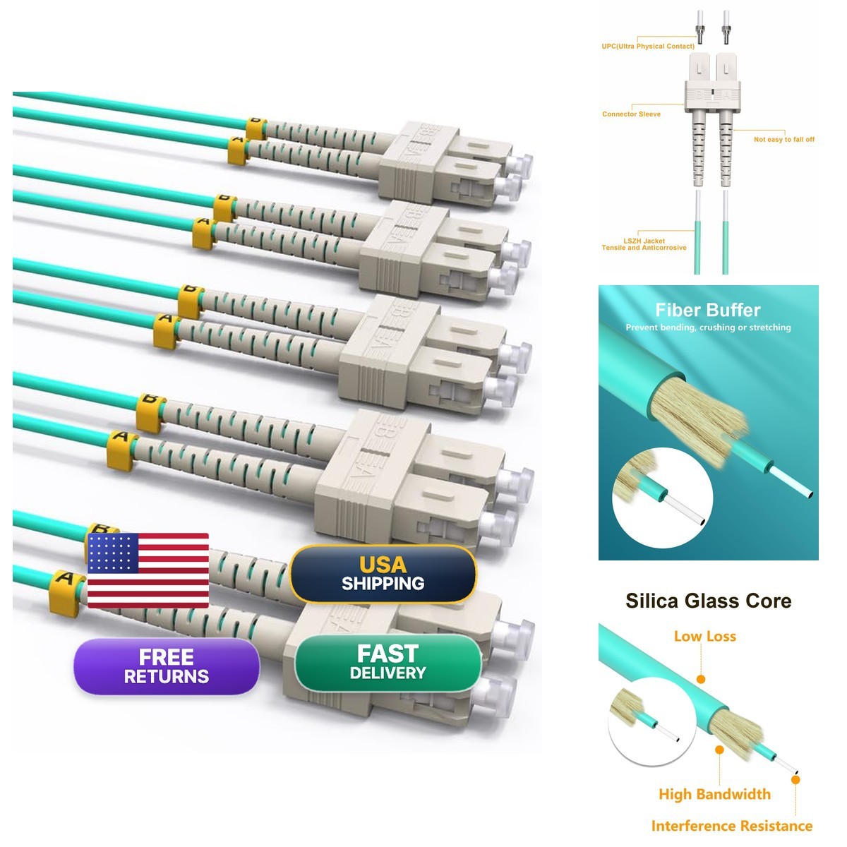 VANDESAIL 5 Pack SC To SC Fiber Patch Cables OM3 VANDESAIL-OM3-SC-SC-2M-5PACK