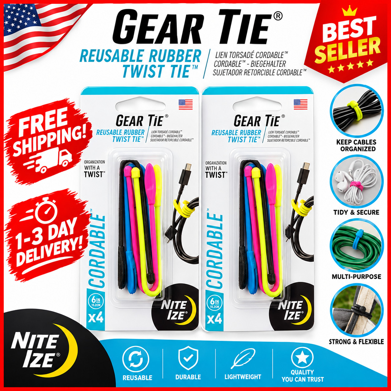 Nite Ize Gear Tie Cordable Twist Tie - Flexible Ties for Cord Management - Reusa