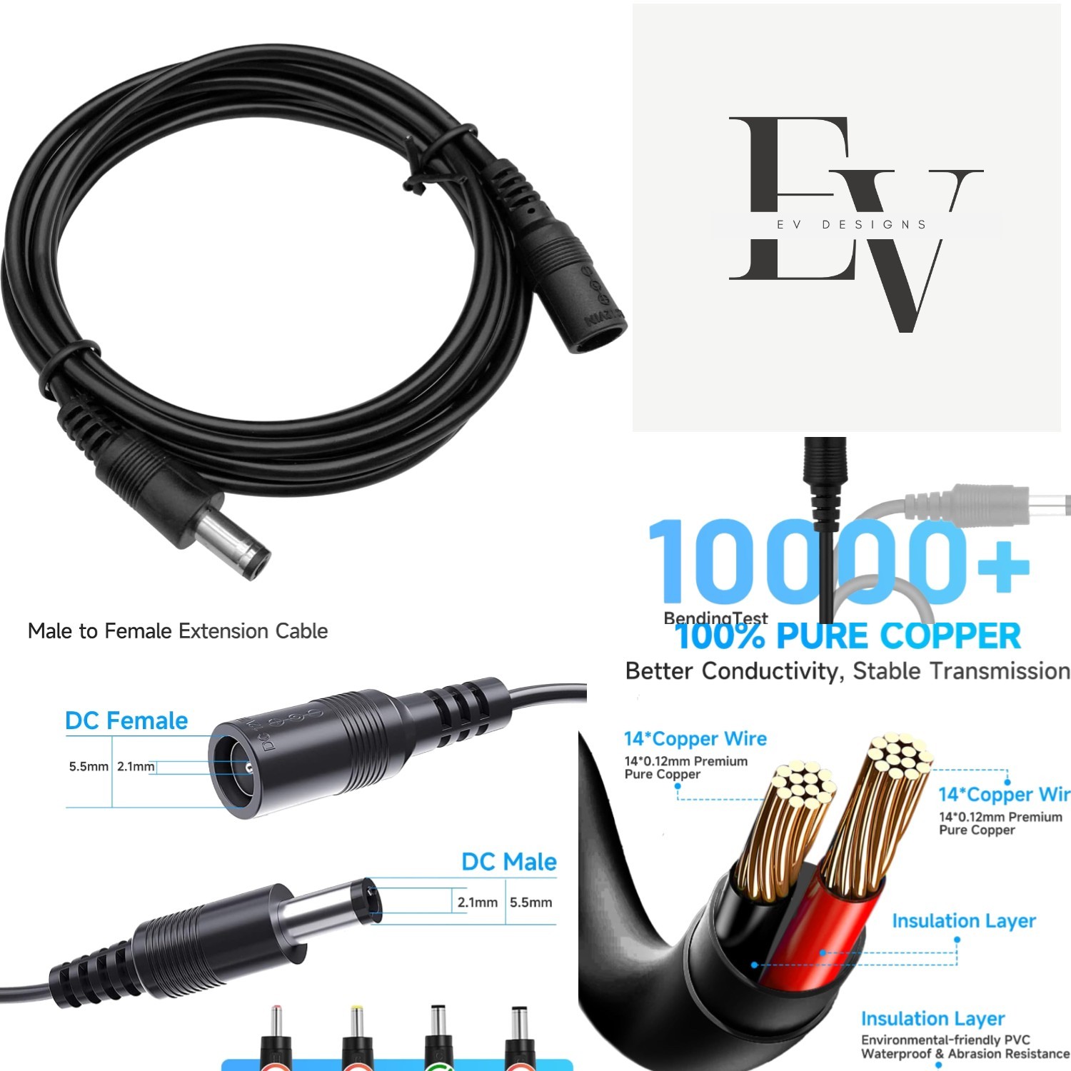 6ft DC Power Extension Cable, Male-to-Female, 12V, Pure Copper, Black