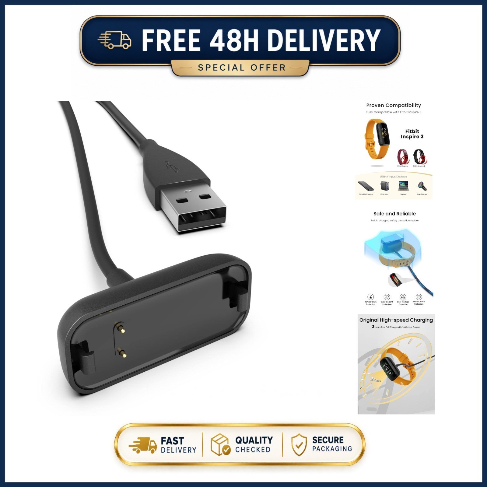 Sinoacc Charger for Fitbit Inspire 3, 3.3FT USB Fast Charging Cable Replacement
