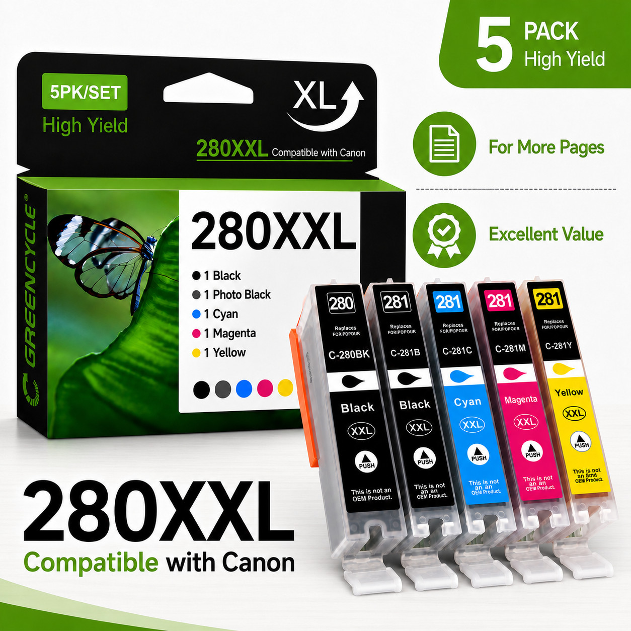 5PK CLI-281XXL PGI-280XXL Color Ink Cartridge for Canon PIXMA TR8620