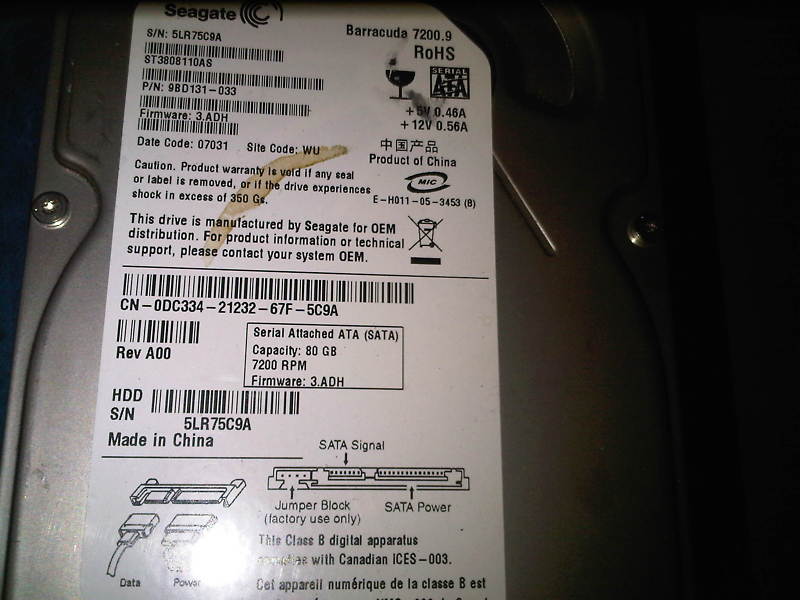 Seagate ST3808110AS 9BD131-033 3.ADH 07031 WU 0DC334 HD