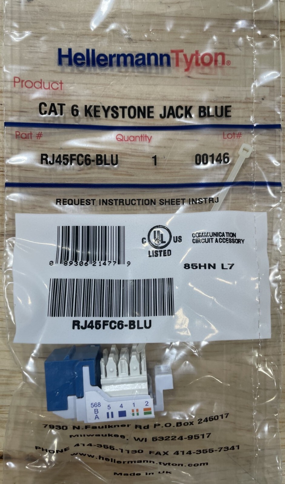 HellermannTyton RJ45FC6-BLU Cat. 6 Modular Keystone Jack Plenum Rated, Blue PK/5