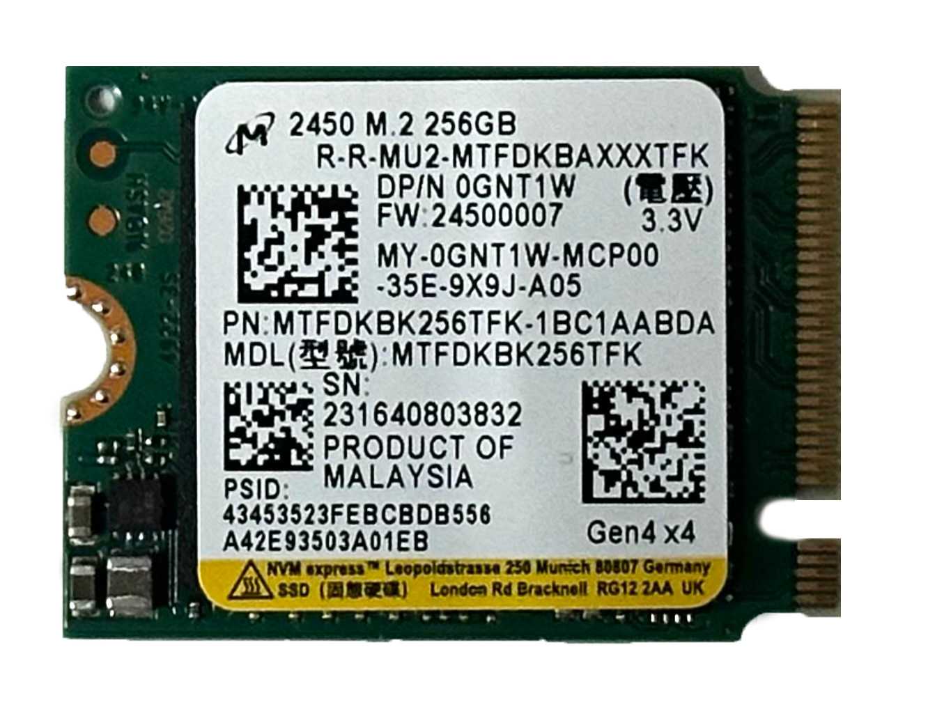 Micron 2450 256GB M.2 2230 PCIe Gen4 x4 NVMe SSD MTFDKBK256TFK OEM 100% Health