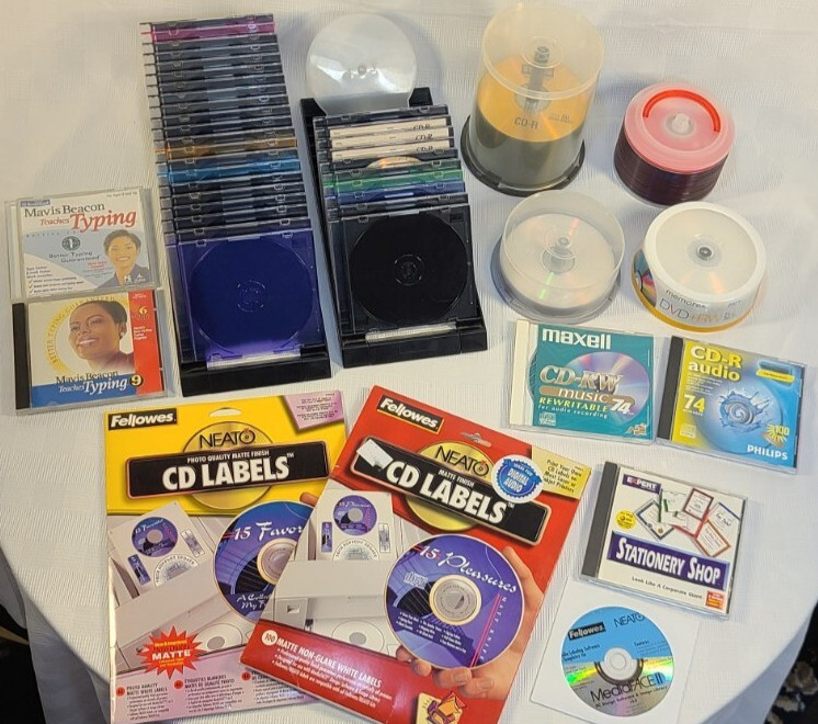 200+ Items VINTAGE Media LOT: Blank CD-R DVD-R Discs Neato Labels CD Cases