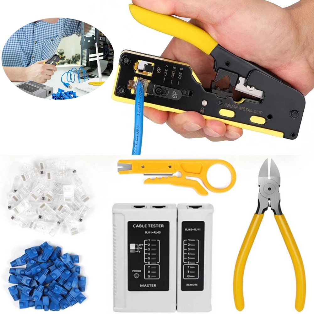 RJ45 Crimp Ethernet Pass through Crimper Crimp Tool Kit Network Cat5 Cat6 Cat7