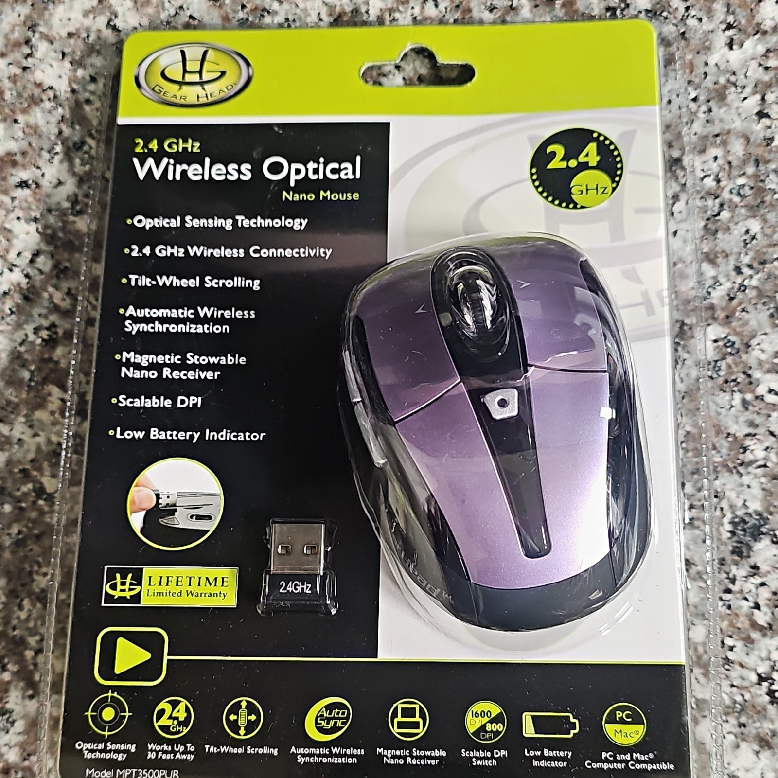 Gear Head 2.4GHz Wireless Optical Nano Mouse 1600 DPI 3-Button Purple