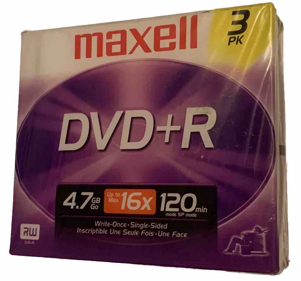 SEALED NEW Maxell 3 Pack DVD+R - Up to 16X 4.7GB Write Once Single Sided Discs