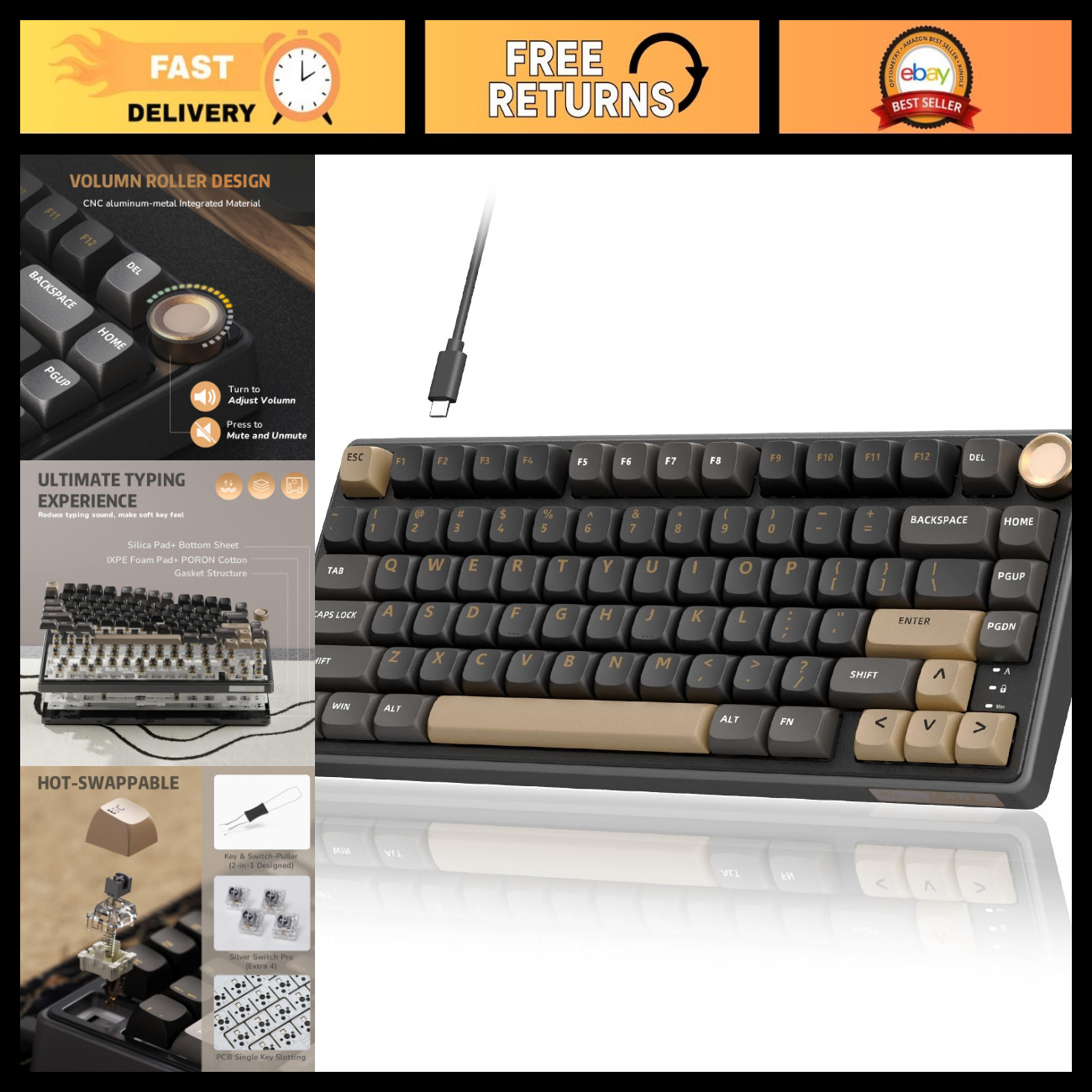 75% Wired Mechanical Gaming Keyboard - Hot Swappable Silver Switch, Volume Knob,
