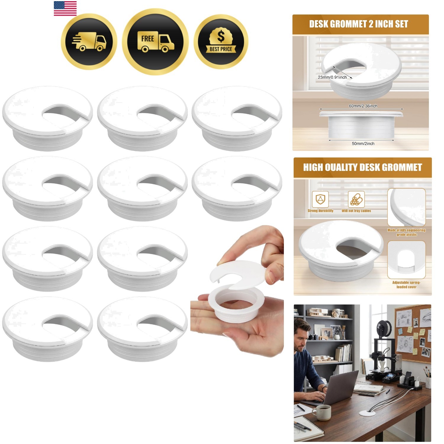 10 Packs Desk Grommet Plastic Cable Hole Cover to Arrange Wires & Cords PC De...