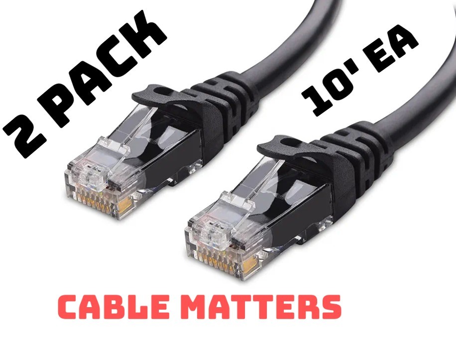 2 PACK Cable Matters Cat6 UTP 24 AWG Ethernet Cable 160001-BLK RJ45 BLACK 10' 