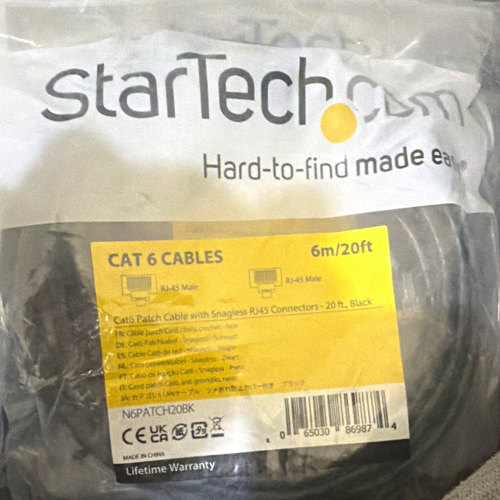 StarTech.com Cat6 20 ft Snagless Black Ethernet Patch Cable RJ-45 Male to Male