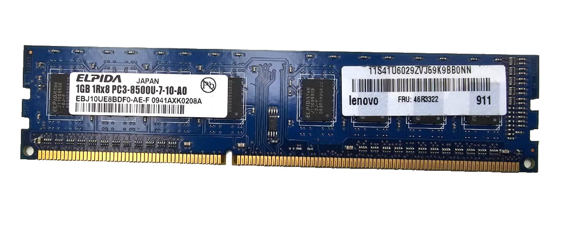 Elpida 1GB DDR3 1066MHz PC3-8500U Desktop RAM Lenovo FRU 46R3322 1Rx8.