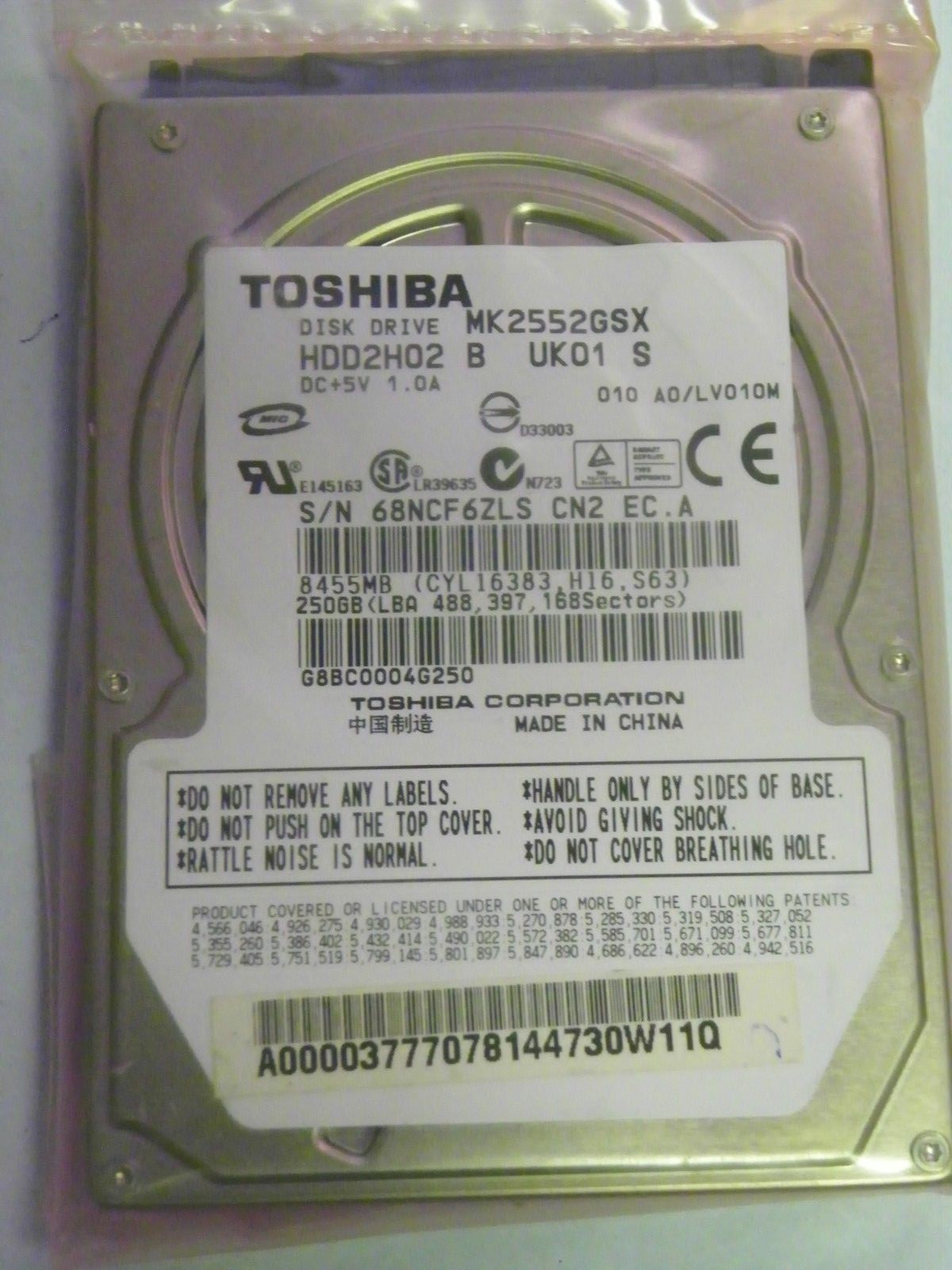Toshiba MK2552GSX (HDD2H02 B UK01 S) 010 A0/LV010M Laptop 250GB 2.5" SATA HDD