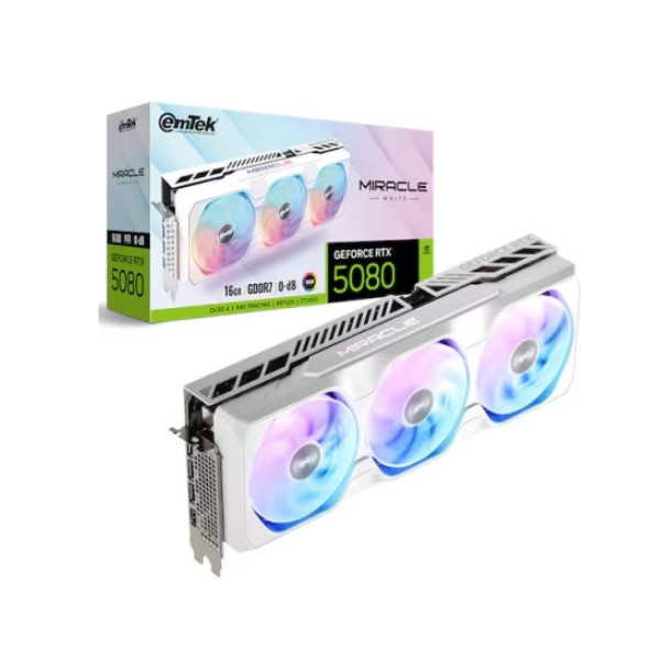 emTek GeForce RTX 5080 MIRACLE WHITE D7 16GB / Gaming Graphics Card / Express
